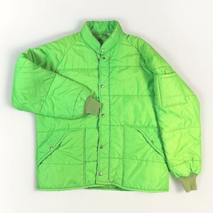 Vintage 70s Green Puffer Jacket Coat Snaps Quilted Retro XL See Measurements